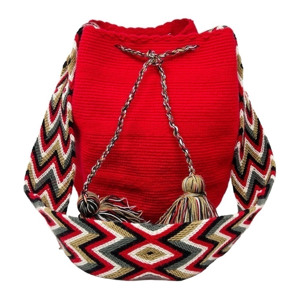 Bag Wayuu Mochila Bucket Boho Colombia Rioacha Red White Black Tan Purse - Picture 2 of 8